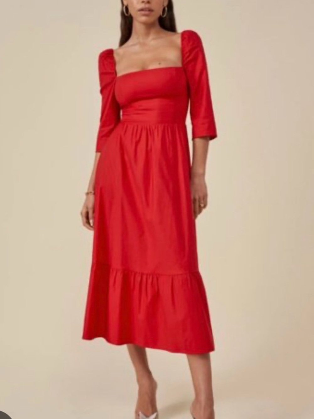 Reformation Red Square-Neck Midi Dress with Puff 3/4 Sleeves